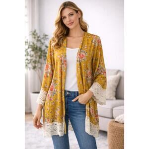 Rewind Mustard Yellow Floral Kimono Lace Trim Open Front Size Large
